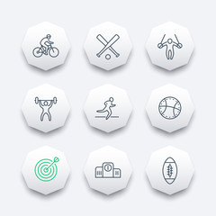 different kind of sports, line octagon icons, vector illustration