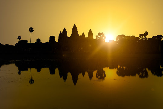 Silhouette of Angkor Wat in sunrise, the best time in the morning at Siem Reap, Cambodia