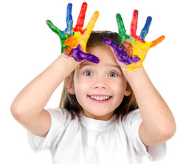 Happy cute little girl with colorful painted hands