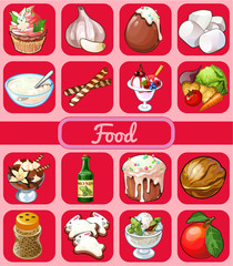 Big food set of 16 icons on a pink background
