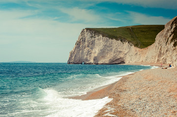 Fototapeta premium A view of chalk cliffs on the Jurassic Coast, Dorset