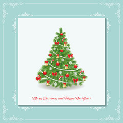 Elegant card template with decorated Christmas tree and vintage frame.