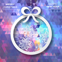 Merry Christmas and Happy New Year. View of white christmas ball and bow on polygonal background. Paper cut style.
