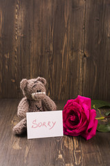 Teddy bear with a beautiful pink rose. Apology concept. Vintage style, selective focus
