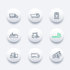 Transportation, line round modern icons, Cargo truck, Freight train, Forklift, vector illustration