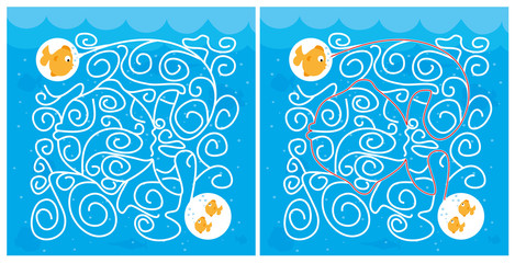 Fish maze game for kids / with nice solution © katarzyna b
