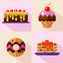 Vector flat style icons set of dessert. Cake with cream, donut with glaze and decorative sprinkles, pancakes with syrup, and muffins with cherry. Fast food.