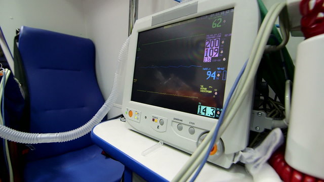 Medical equipment in ambulance screen of patient monitor displayed abnormal high blood pressure with risk of heart attack or stroke