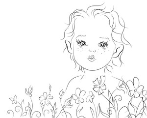 little kid sketch, flowers, vector illustration