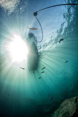 boat ship from underwater blue ocean