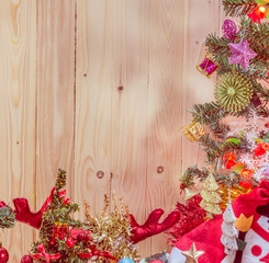  christmas ornaments and vary of decoration on wood