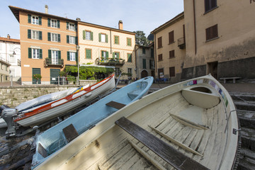 Fototapeta na wymiar Old Boats on Como Lake, Italy, Autumn
