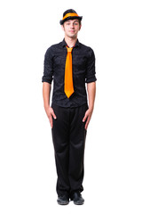 Disco dancer showing some movements against isolated white