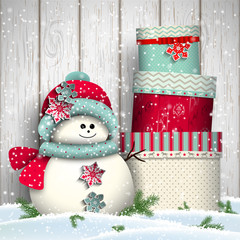 Cute snowman with  stack of big colorful presents, illustration