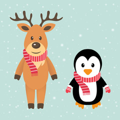 winter deer and penguin with scarf