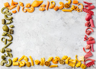 Different colorful handmade pasta variety Copy space frame
