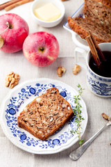 Apple, walnut cake, loaf, bread with fresh apples 