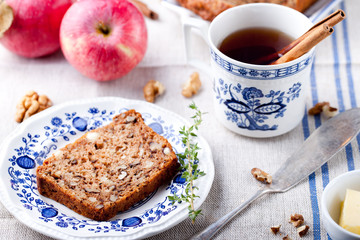 Apple, walnut cake, loaf, bread with fresh apples 