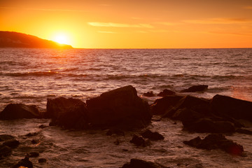 Coastal stones and sea water at sunset, summer
