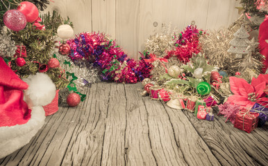 Fototapeta na wymiar christmas ornaments and vary of decoration on wood background.