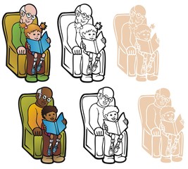 Grandfather with grandkid, reading a book. Two variations, in full color, black outline, and reverse for printing on dark backgrounds.