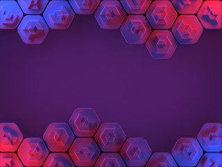Hexagons abstract surface illuminated with red and blue lights - horizontal background