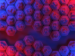 Hexagons abstract surface illuminated with red and blue lights - horizontal background