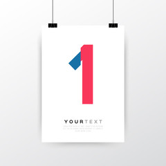 A4 / A3 format poster minimal abstract Number 1 design with your text, paper clips and shadow EPS 10 stock vector illustration 