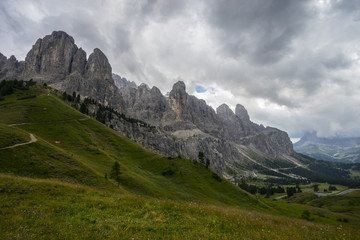 Fototapeta na wymiar Sella mountain range from Gardena Pass, Dolomites, Italy