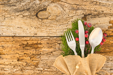 Weihnachten Besteck Holz Hintergrund Rustikal