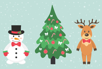 winter deer and snowman and fir-tree
