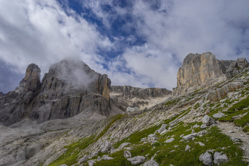 Fototapeta premium Sass del Lec peak, Pisciadu peak and Pisciadu mountain hut, Sell