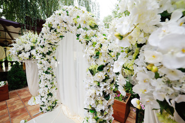 Wedding arch of white orchids and roses
