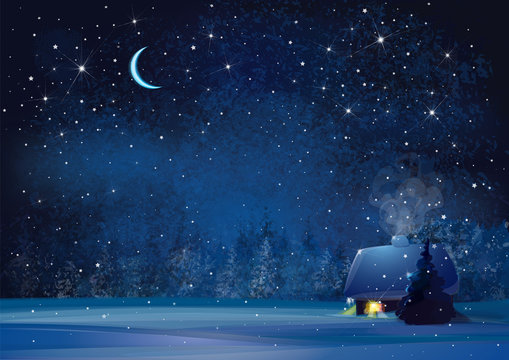 Vector night winter landscape with house and forest background.