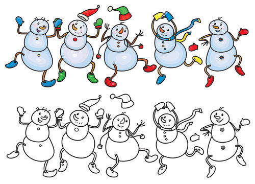 Vector Funny Dancing Snowmen.