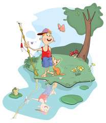 illustration of fisherman and cat cartoon