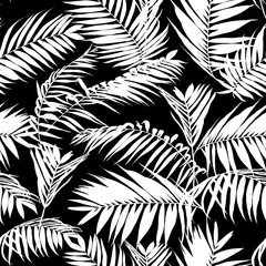Foto op Plexiglas zwart-wit palmbladerenpatroon, naadloos trendy tropisch stoffenontwerp © ajakor
