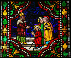 Fototapeta na wymiar Stained Glass of the Blessed Virgin Mary in the Cathedral of Leo