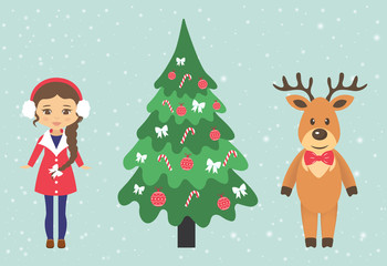 winter deer and winter girl and fir-tree