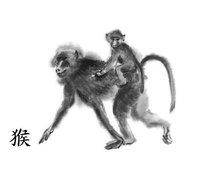 Monkey oriental ink painting with Chinese hieroglyph "monkey". Baboon mother with a baby riding on her back. Isolated on white background. Symbol of the new year of monkey.