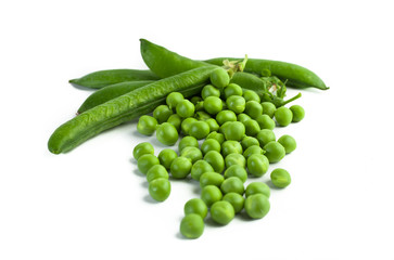 green pea pod, green peas, white background