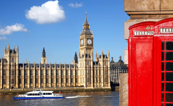 London symbols with BIG BEN and red PHONE BOOTHS in England, UK