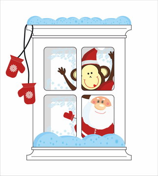 Santa and Monkey look from frozen window