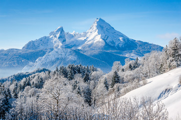 Impressive Watzmann mountain in winter at sunrise, Bavaria, Germany