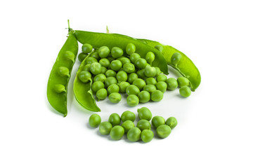 green pea pod, green peas, white background