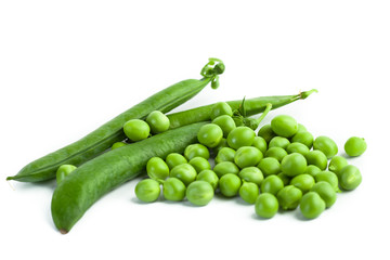 green pea pod, green peas, white background