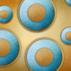 yellow and blue circle shapes layered on gold background, abstract fun background design with spots and dots in random pattern