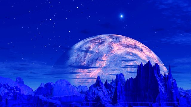 Alien Planet and UFO. High mountains filled with blue light. Over the horizon a huge planet. The bright glowing object (UFO) flies through the night starry sky. 