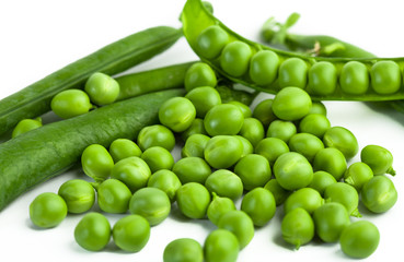 green pea pod, green peas, white background