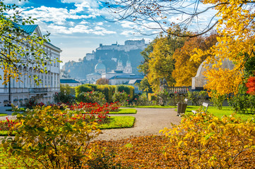 Naklejka premium Historic city of Salzburg from famous Mirabell garden, Salzburger Land, Austria
